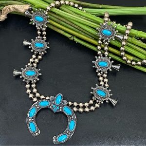 Vintage Faux Turquoise Silver-tone Ball Chain Squash Blossom Necklace 147.7g